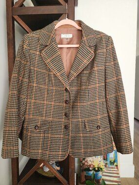 Vintage Allison Daley Blazer Houndstooth Plaid Brown Classic Jacket Size 14